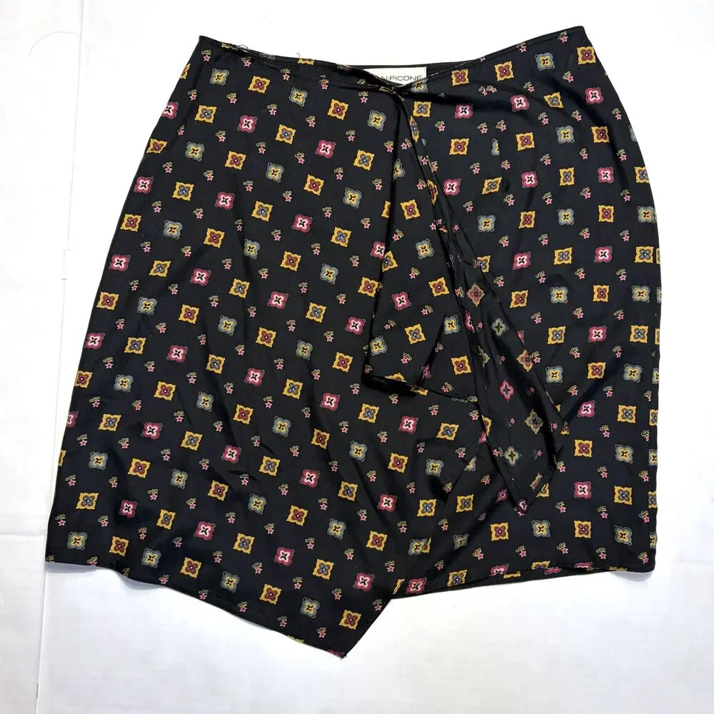 Vintage Evan Picone NWOT 100% Silk Geometric Print Wrap Skirt Black Size 8